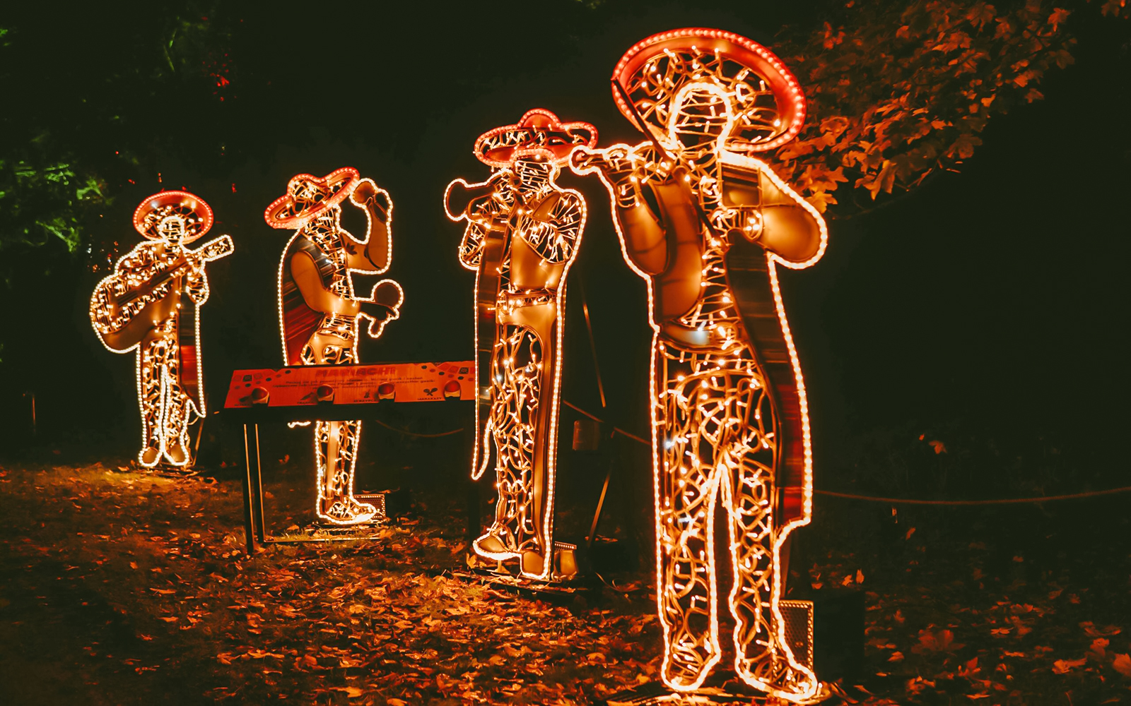 Illuminated mariachi band installation at Lumina Park Wonderworld.