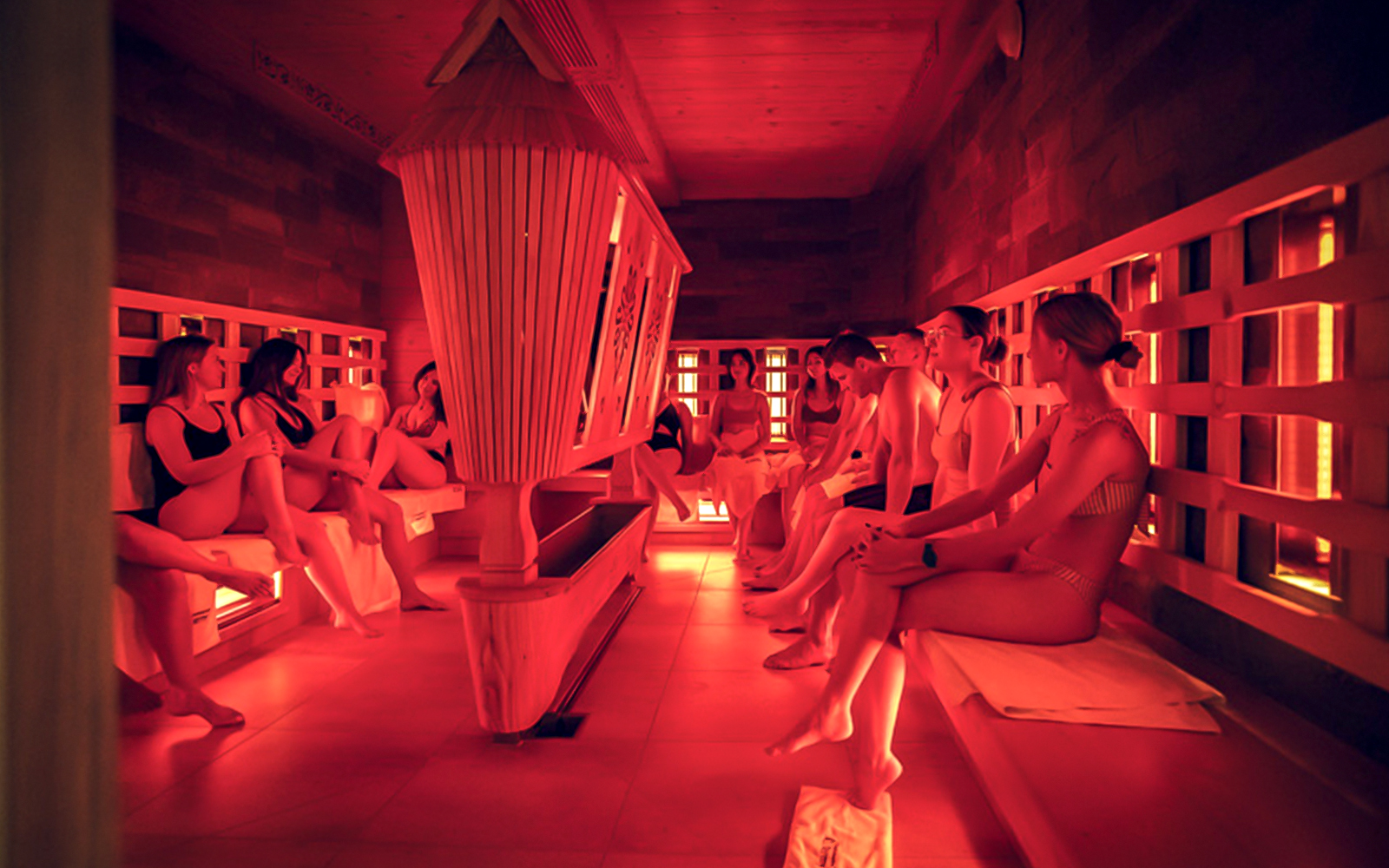 Guests relaxing in a sauna at Chocholow Thermal Baths.