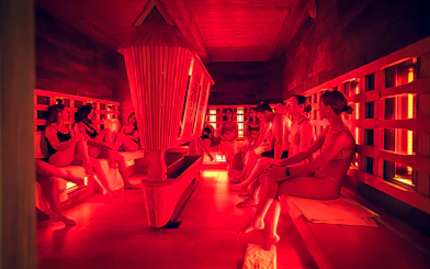Guests relaxing in a sauna at Chocholow Thermal Baths.