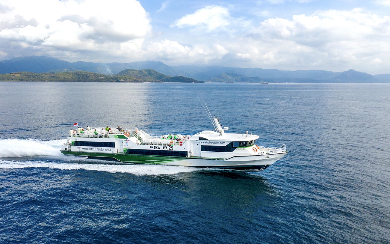 Fast ferry cruising from Padang Bay to Gili Islands, Indonesia.