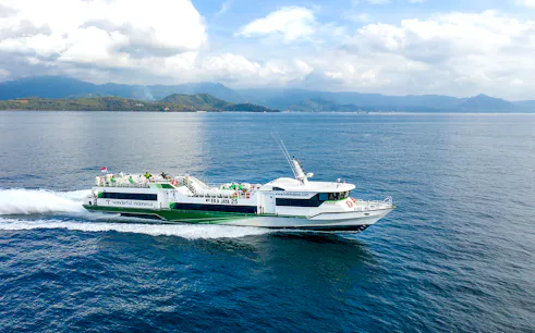 Fast ferry cruising from Padang Bay to Gili Islands, Indonesia.