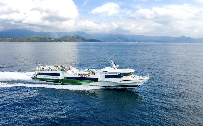 Fast ferry cruising from Padang Bay to Gili Islands, Indonesia.