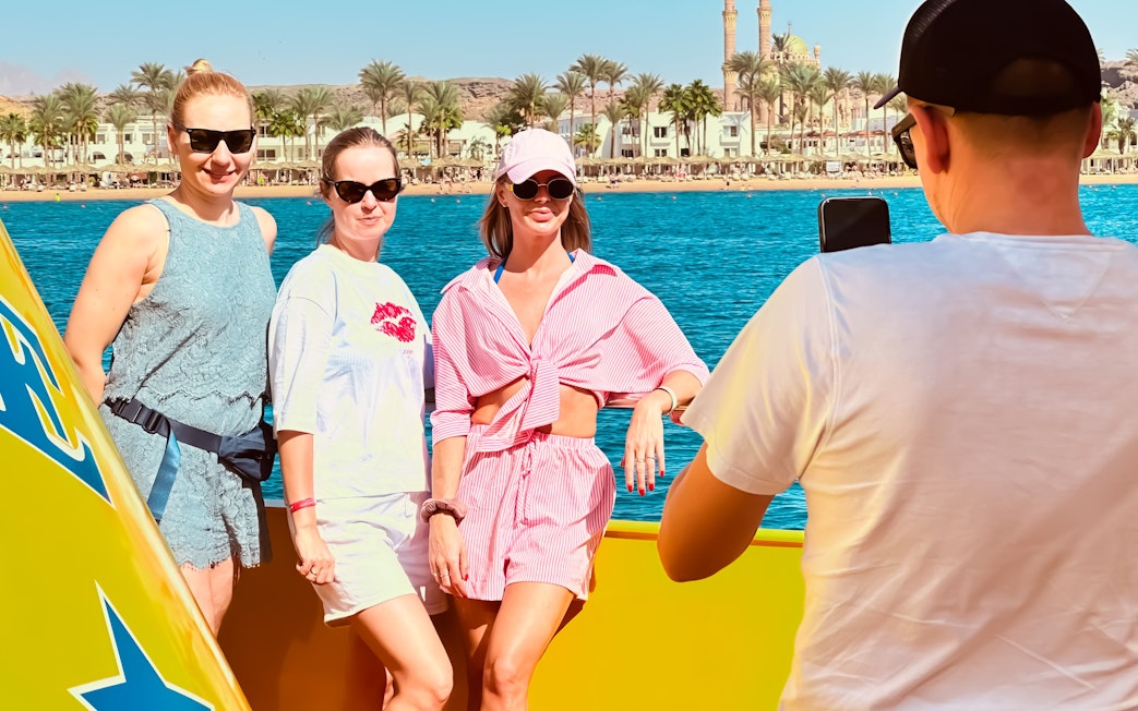 People posing for a photo on Royal Seascope Submarine, Hurghada.