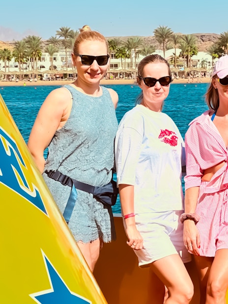 People posing for a photo on Royal Seascope Submarine, Hurghada.