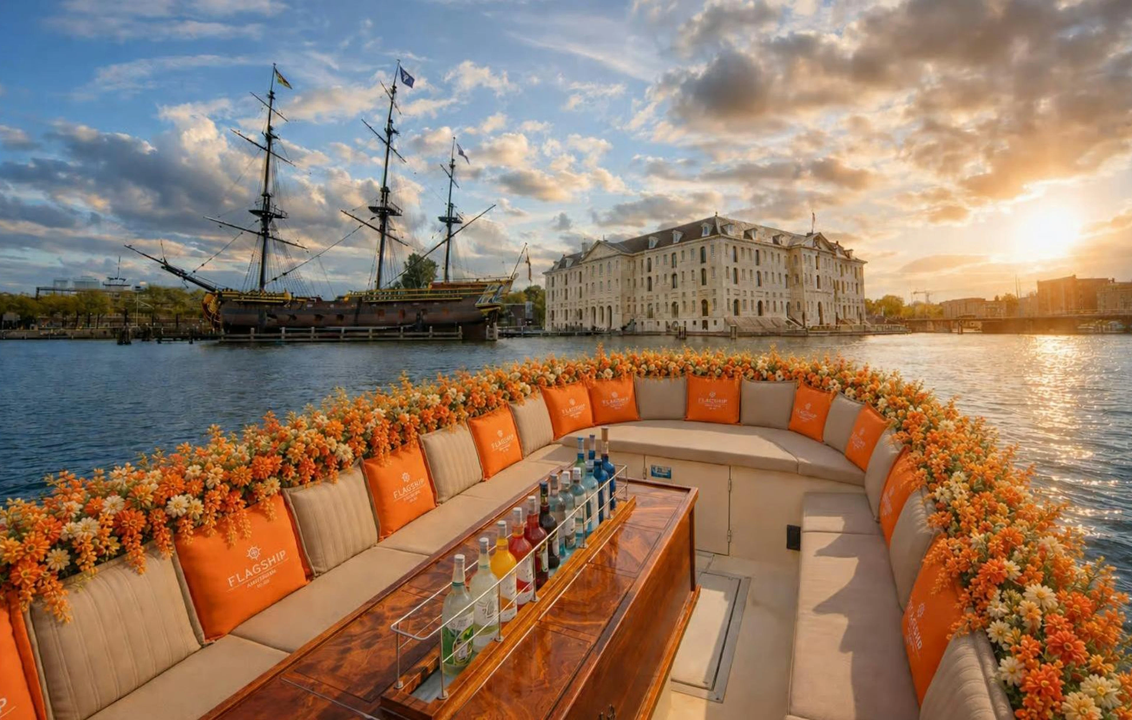Luxury boat with floral decor cruising Amsterdam canal at sunset, near historic ship and building.