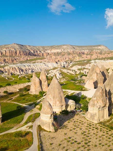 Cappadocia's fairy chimneys at sunrise, Turkey, with green fields and rock formations.
