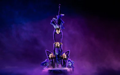 Acrobats performing a balancing act in Cirque du Soleil Alizé show.