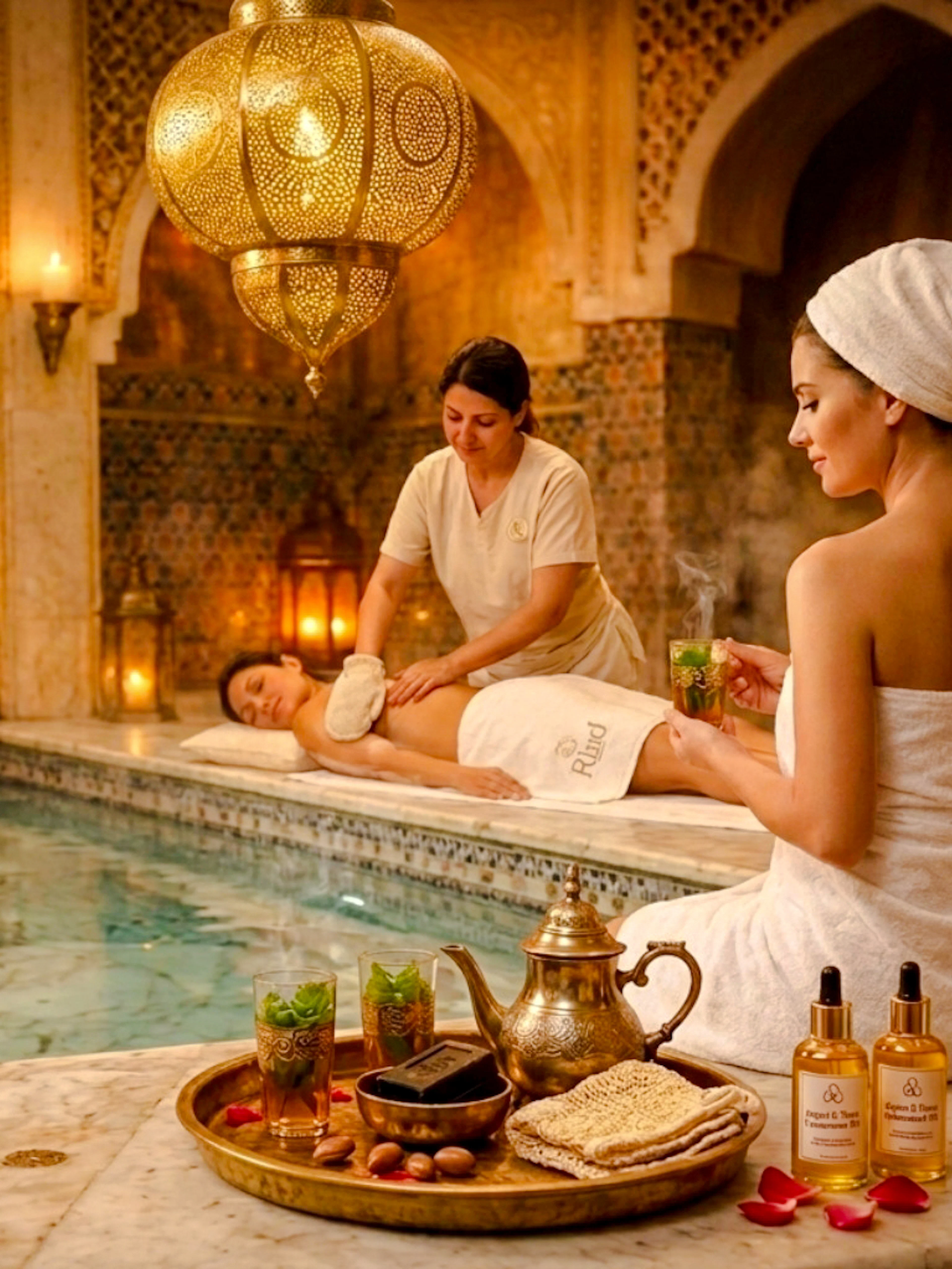 Marrakech hammam with massage, ornate decor, and tea service.