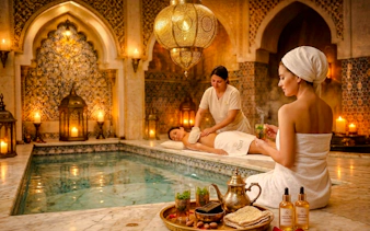 Marrakech hammam with massage, ornate decor, and tea service.