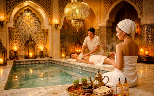 Marrakech hammam with massage, ornate decor, and tea service.