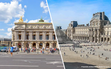 Opera Garnier facade and Louvre Pyramid in Paris, France.
