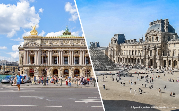 Opera Garnier facade and Louvre Pyramid in Paris, France.