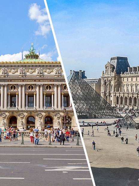 Opera Garnier facade and Louvre Pyramid in Paris, France.