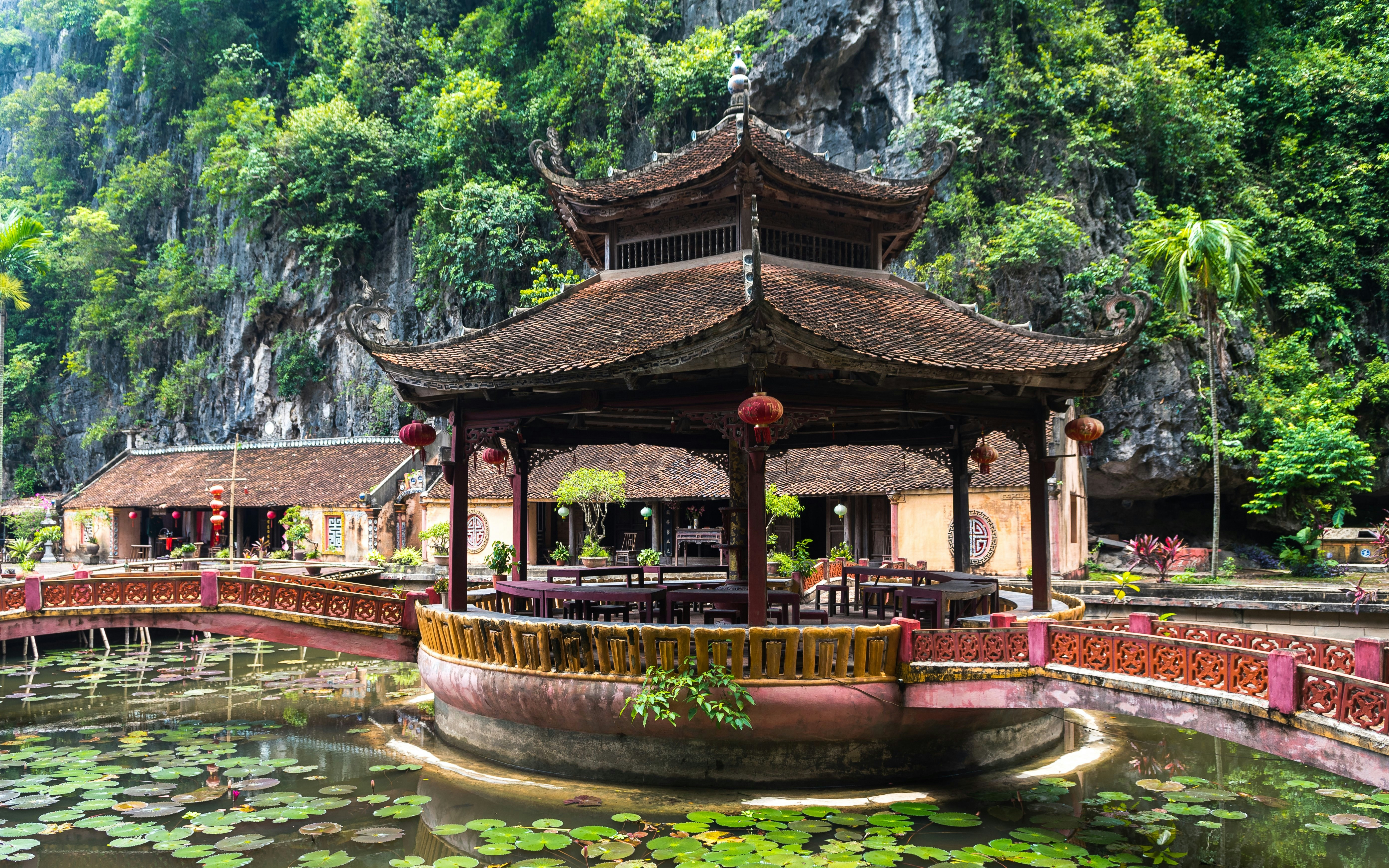 Pagoda by lotus pond at Hoa Lu Ancient Capital, Ninh Binh, Vietnam.