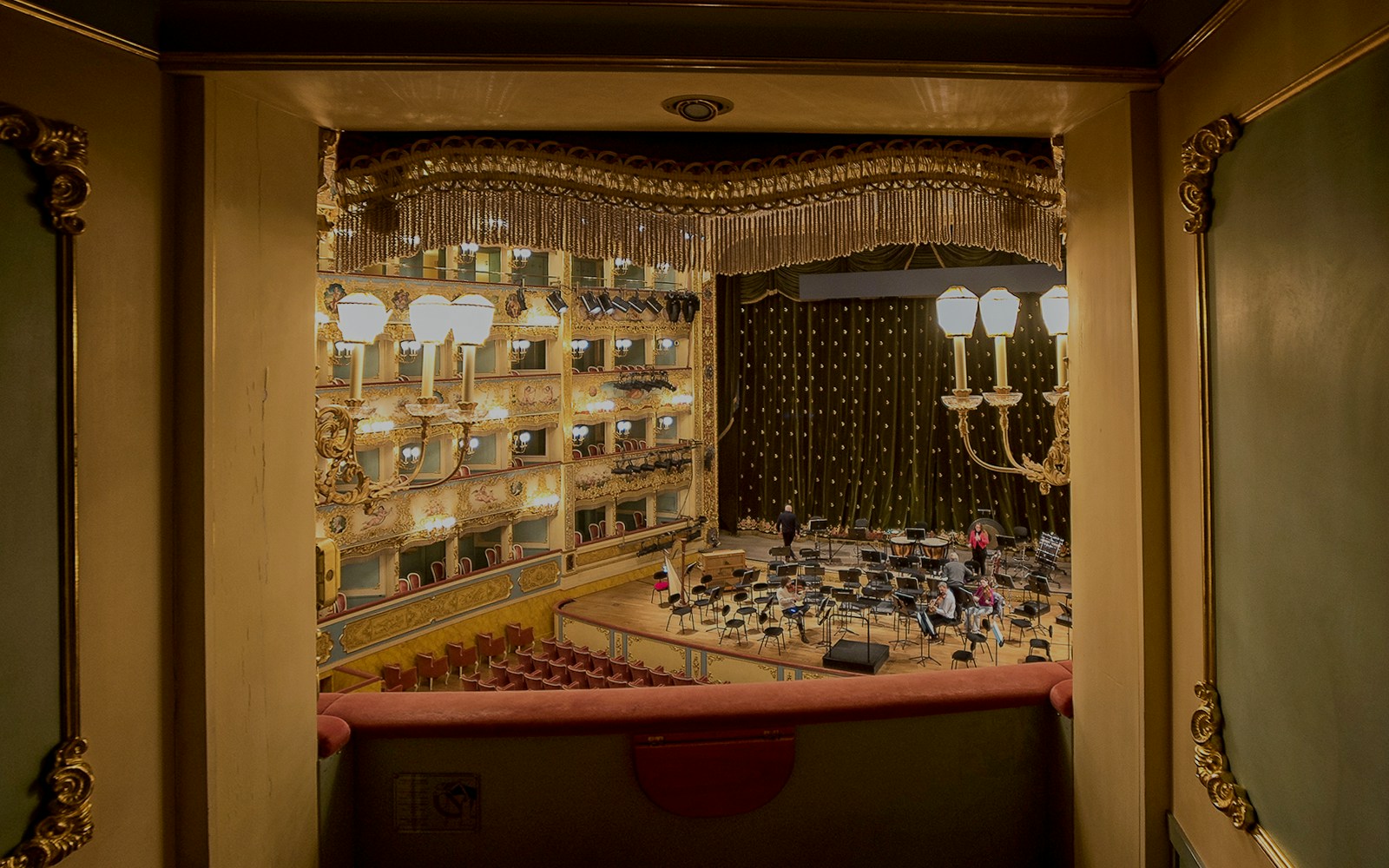 View from a box seat overlooking the stage at Teatro La Fenice, Venice.
