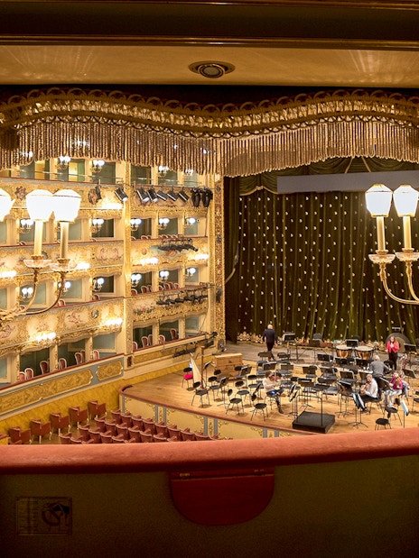 View from a box seat overlooking the stage at Teatro La Fenice, Venice.