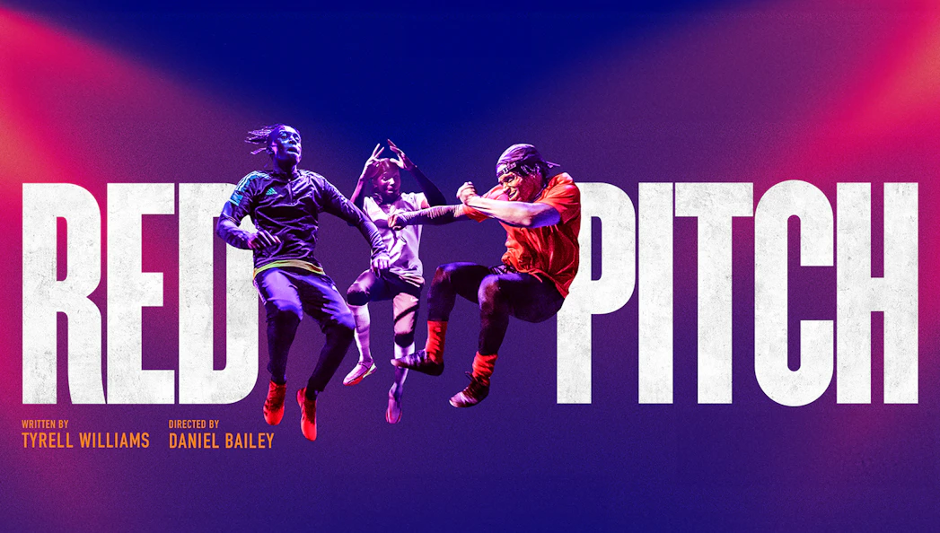Performers in dynamic poses against Red Pitch backdrop