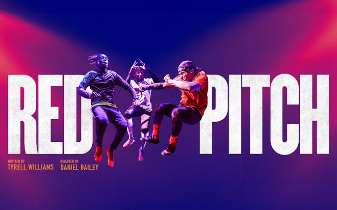 Performers in dynamic poses against Red Pitch backdrop