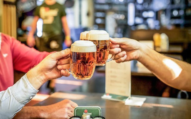 Toasting with beer mugs on Prague's Legendary Beer Tour.