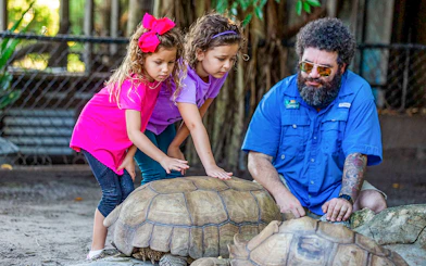 Children interacting with tortoises at Everglades reptile exhibit.