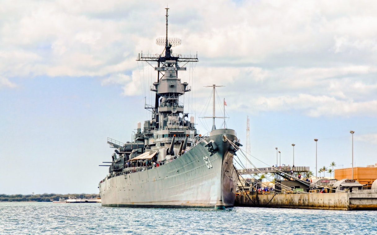 Battleship Missouri Memorial docked at Pearl Harbor, Hawaii.