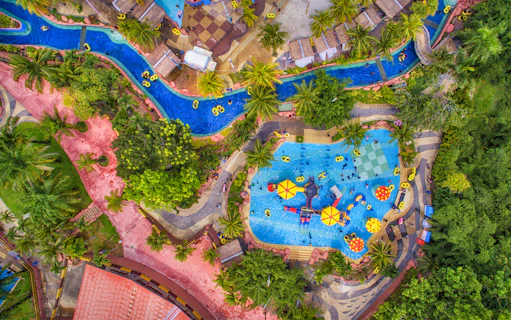 Aerial view of water park attractions at A'Famosa Melaka Safari Wonderland.