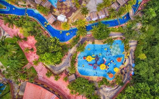 Aerial view of water park attractions at A'Famosa Melaka Safari Wonderland.