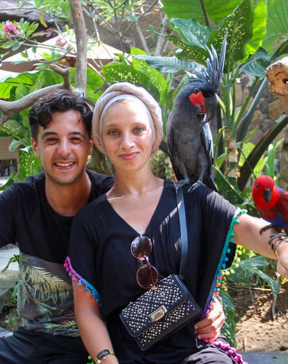 Visitors interacting with parrots at Lombok Wildlife Park.