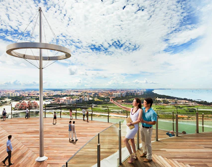 Visitors enjoying the view from Marina Bay Sands SkyPark Observation Deck, Singapore.