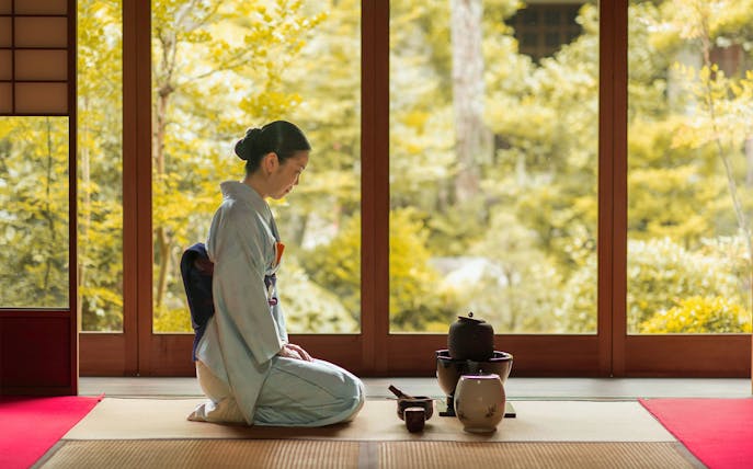 Woman in kimono performing tea ceremony in Kyoto teahouse.