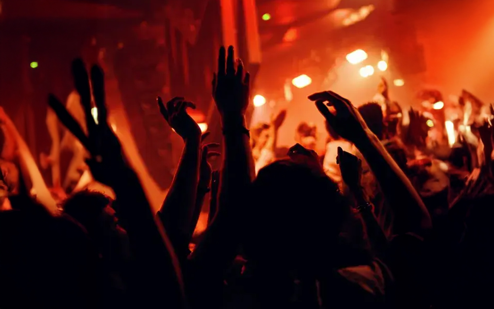 Concert crowd with raised hands in a dimly lit venue.