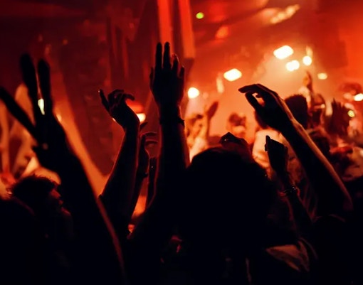 Concert crowd with raised hands in a dimly lit venue.
