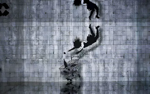Street art mural by Banksy depicting a figure falling towards a shopping cart.