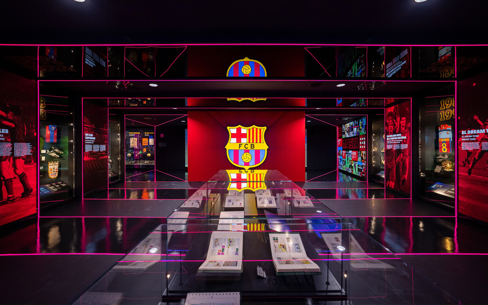 FC Barcelona museum exhibit at Camp Nou with team memorabilia and displays.