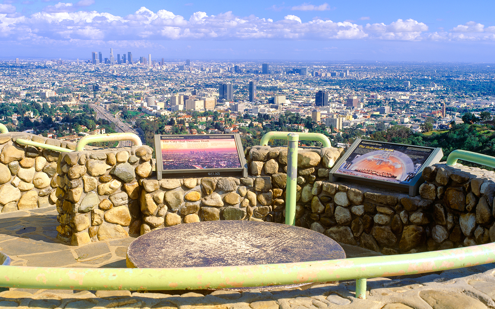 Los Angeles skyline view from Mulholland Drive overlook, California.