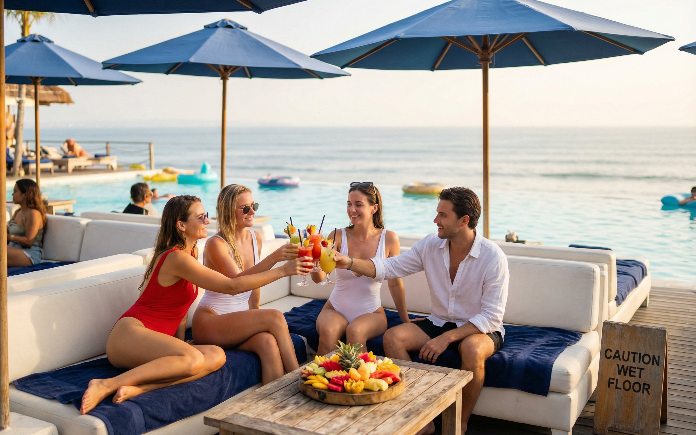 Tourists enjoying fruit juice at Finn's Beach Club near the ocean.