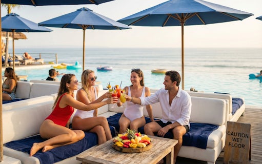 Tourists enjoying fruit juice at Finn's Beach Club near the ocean.