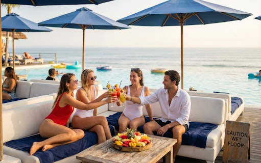Tourists enjoying fruit juice at Finn's Beach Club near the ocean.