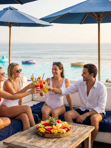 Tourists enjoying fruit juice at Finn's Beach Club near the ocean.