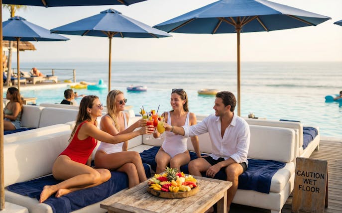 Tourists enjoying fruit juice at Finn's Beach Club near the ocean.