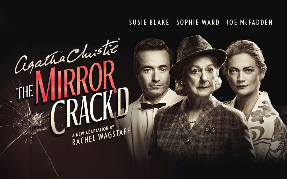 Agatha Christie's "The Mirror Crack'd" poster with three characters in period attire.