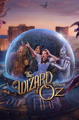 Characters from Wizard of Oz in a bubble over a cityscape with text overlay.