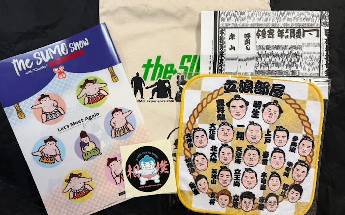 Sumo-themed merchandise for Premium Professional Sumo Morning Practice Experience in Asakusa.