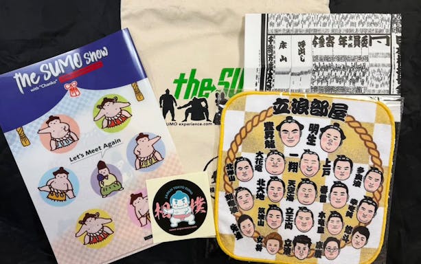 Sumo-themed merchandise for Premium Professional Sumo Morning Practice Experience in Asakusa.
