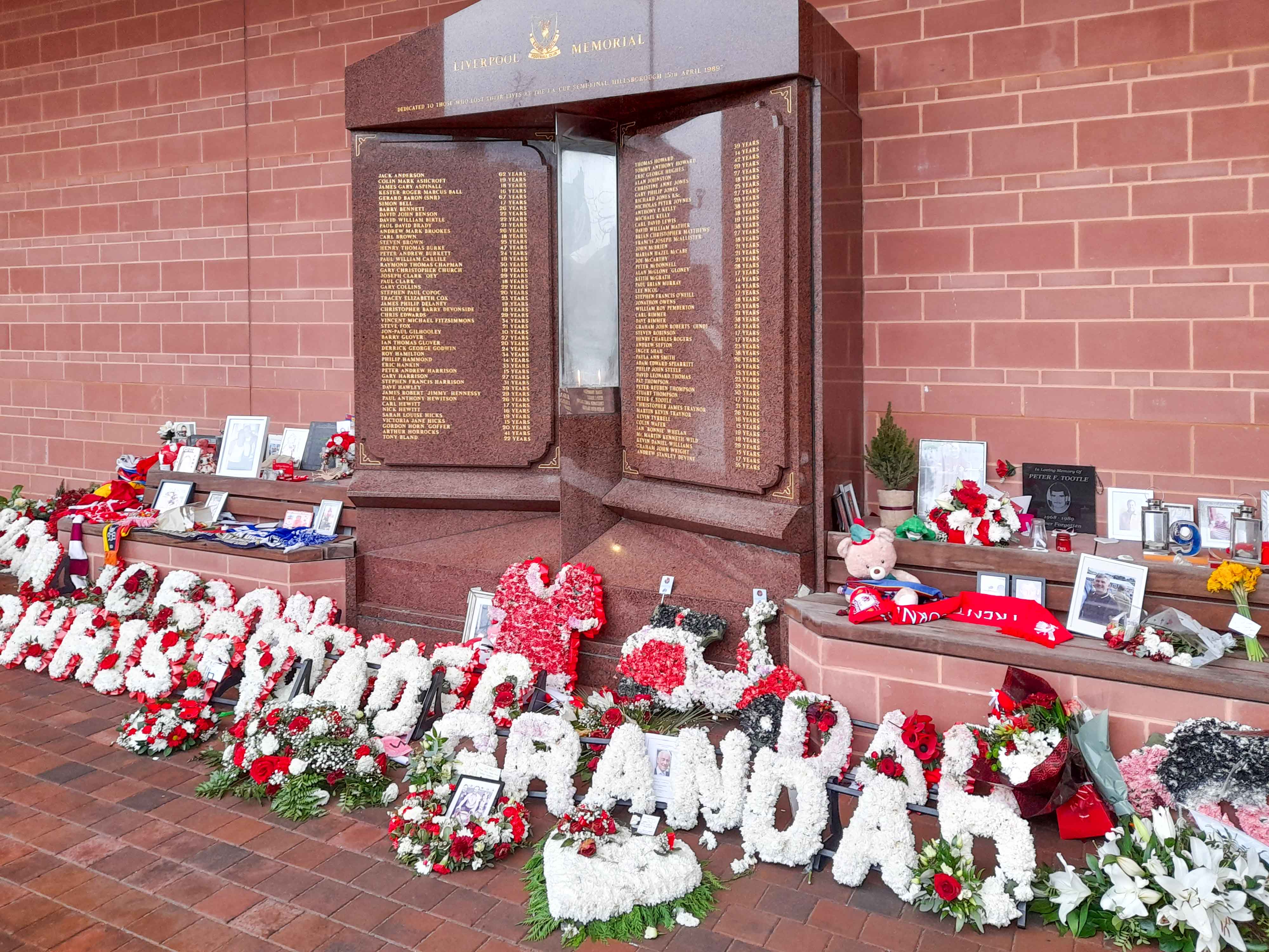 Hillsborough Memorial at Anfield Stadium, Liverpool FC tribute site.
