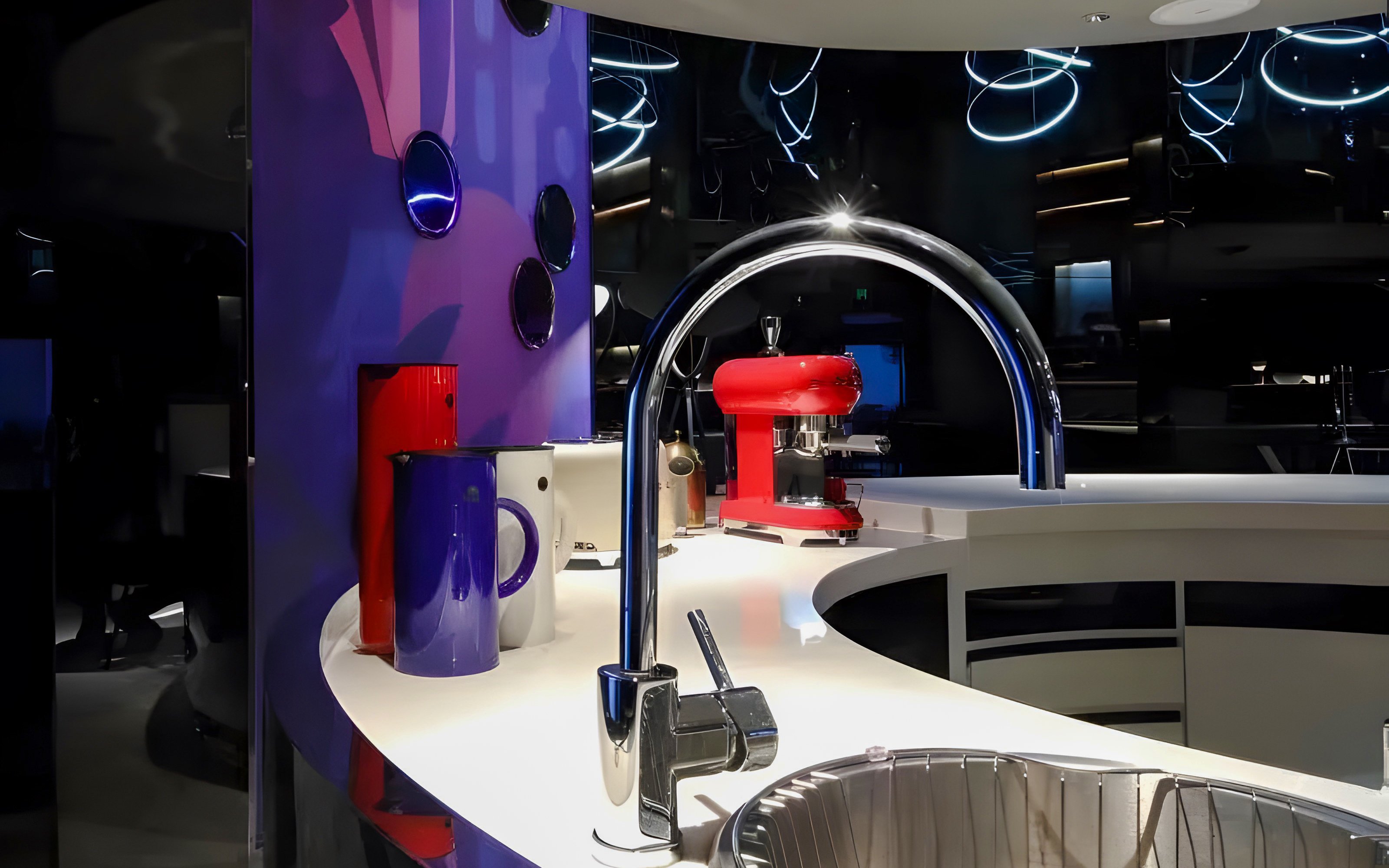Coca-Cola themed interior at Oriental Pearl Tower, Shanghai, featuring modern kitchen setup.