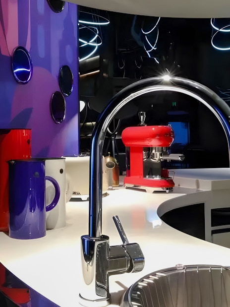 Coca-Cola themed interior at Oriental Pearl Tower, Shanghai, featuring modern kitchen setup.