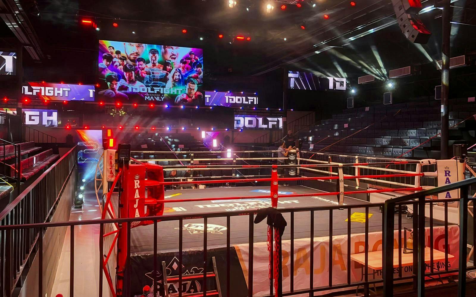 Boxing ring with lights at World Siam Stadium in Bangkok.