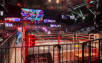 Boxing ring with lights at World Siam Stadium in Bangkok.