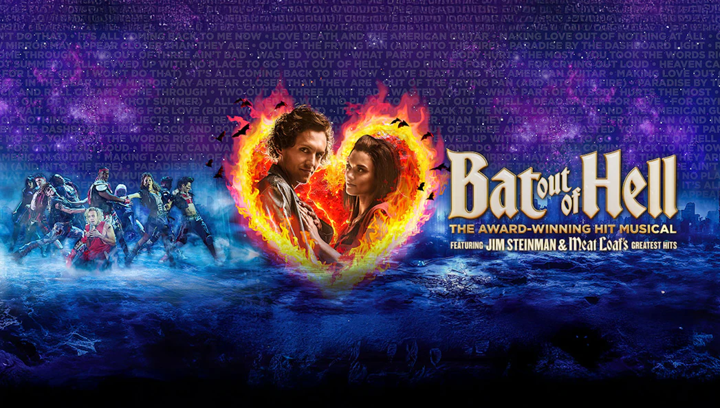 Bat Out Of Hell musical poster with fiery heart and cast in dynamic pose